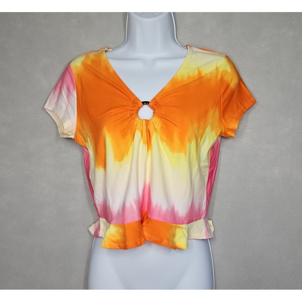 Love By Design Juniors Tie Dye Short Sleeve Keyhole Top Size Medium NWT